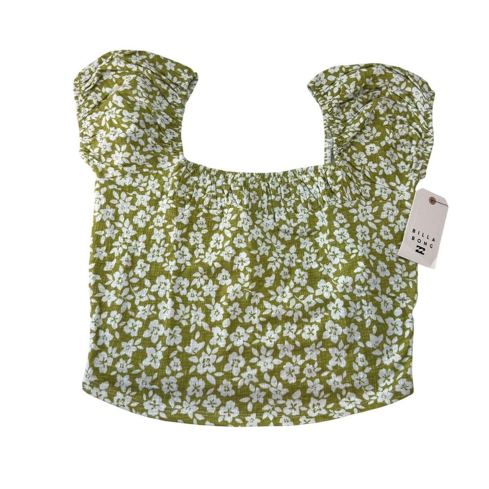 Billabong Womens Floral Crop Top Olive Green Square Neck Puff Sleeve Medium NEW